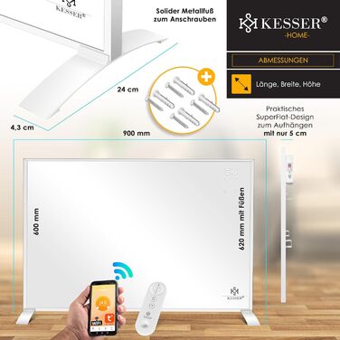 KESSER® Infrared Heater - Energy-Saving Infrared Standing Unit & Wall Mounting Electric Heater 540W with Remote Control, Thermostat & App Control Electric Heating Panel Heater Convector Standing Feet 540W White