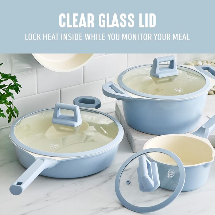 Набір кухонного посуду з кераміки 8 предметів, індукційний, нетоксичний, без PFAS, каструлі та сковороди, придатний для миття в посудомийній машині, салатовий колір