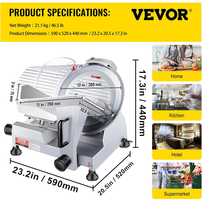 Електричний слайсер VEVOR 340W для м'яса, сиру, овочів - професійний шматовийник з лезом з вуглецевої сталі 25,4 см, регулювання товщини 0-15 мм