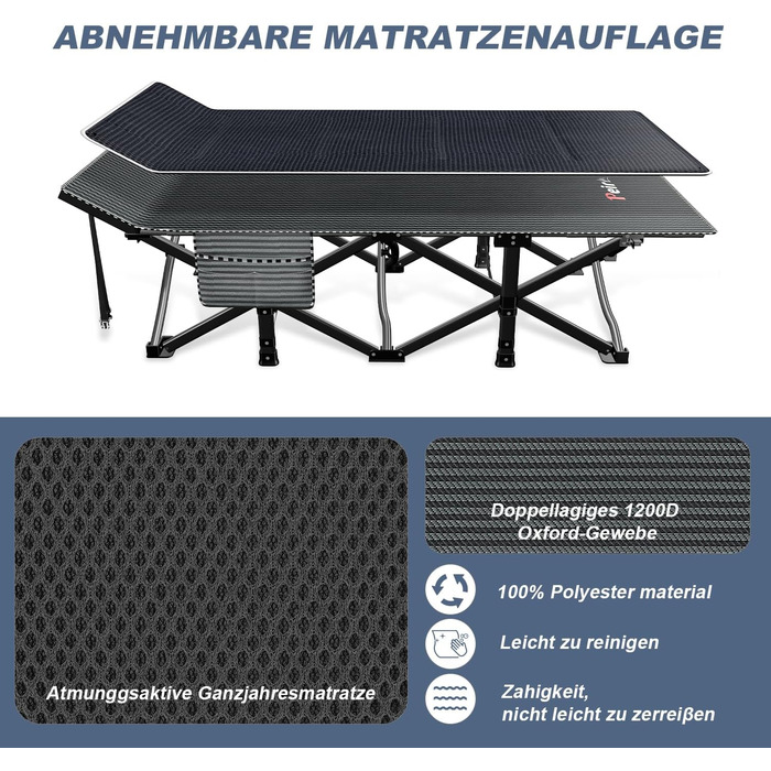 Кемпінгове ліжко Peirhw: складане, широке, з матрацом, до 200 кг, легке та портативне для подорожей
