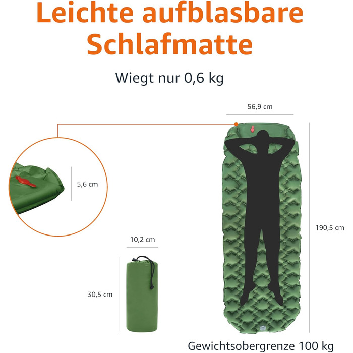 Amazon Basics Camping Sleeping Pad - Lightweight, Waterproof, with Foot Pump, 5.6 inch Thick, Olive Green