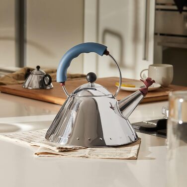 Alessi stainless steel kettle with handle and bird-shaped PA whistle, light blue, 4.4 x 25 x 4.4 cm, Blue Blue Stainless Steel