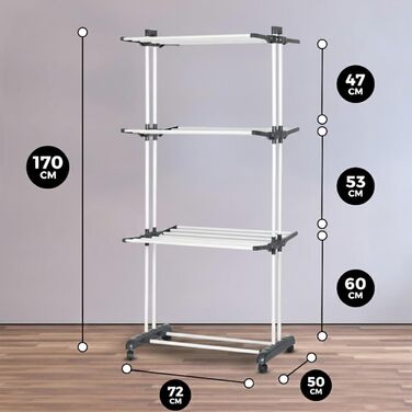 Воніа - сушилка для білизни на колесах, металева, 3 яруси, 6 відкидних крил, 72 x 50 x 172 см, для дому та вулиці