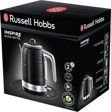 Електричний чайник Russell Hobbs Inspire 1.7л, 2400W, чорний з високоякісною глянцевою поверхнею, фільтр від накипу, індикатор рівня води, знімний кришка