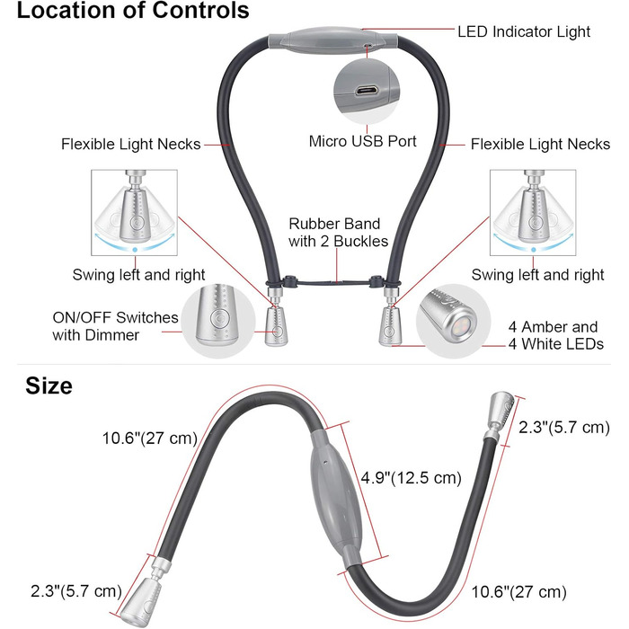 Ліхтар LED для читання BIGLIGHT на шиї, гнучкий, акумуляторний, з регульованою яскравістю, сріблястий