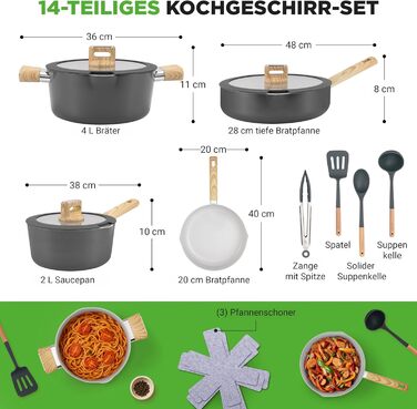 Набір посуду NutriChef 14 предметів для індукції: антипригарне керамічне покриття, знімні ручки, скляні кришки, компактне зберігання, рівномірний нагрів (чорний)