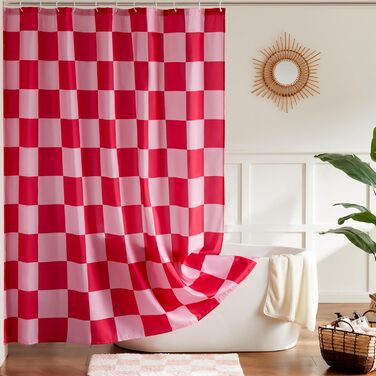 Тканинний душовий завіс для ванної кімнати з ретро-шахматним візерунком, рожевий, 183x183 см