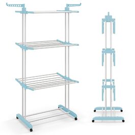 Сушарка для білизни GOPLUS 4-рівнева розкладна з 2 тримачами для вішалок, 3 висувними полицями, полицею для взуття та 4 колесами для використання в приміщенні та на вулиці (Блакитна)
