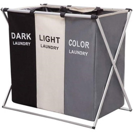 Large foldable laundry basket with 3 compartments, dirty laundry bag with handle for bathroom, bedroom, home - 68 x 60 x 38 cm