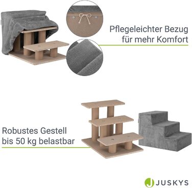 Juskys Pet Stairs Dog Stairs 36 cm - 3-Step Stairs, Washable Plush Cover - Cat Stairs Dog Ramp for Bed, Sofa, Couch and Car - Cover Grey