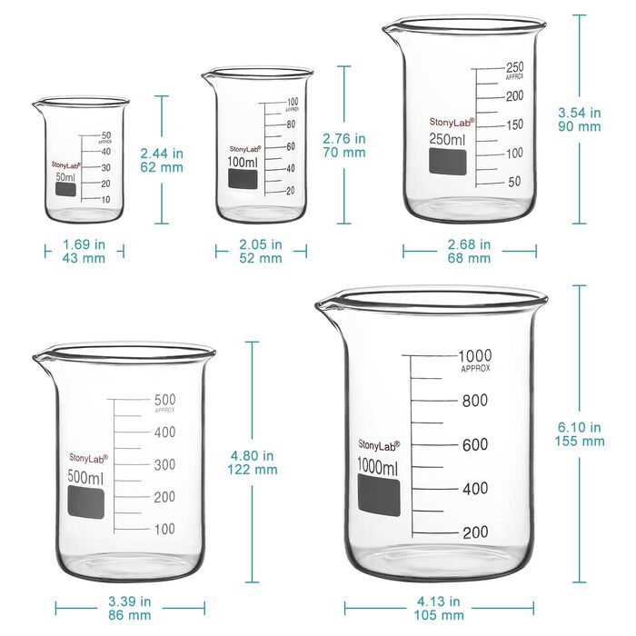 Laboratory Beaker Set, Borosilicate Glass Griffin Beakers with Graduations in Low Form in 5 Sizes, 50ml/100ml/250ml/500ml/1000ml (1L), Combo Pack