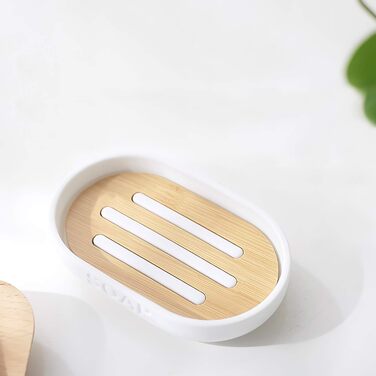 Набір для ванної кімнати MisFox з бамбука (6 предметів): дозатор для лосьйону, сміттєвий контейнер, тримач для зубних щіток, стаканчик для зубної пасти, щітка для туалету, мильниця (білий)