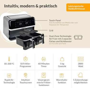 Фритюрниця Sifuplex ASF90 Duo 9L з подвійними кошиками (2 x 4.5L), 10 програм, Rapid-Air, сенсорний екран, 90% менше жиру, для смаження, випікання, розморожування