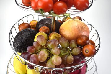 Металевий кошик для фруктів та овочів з ручкою - 3 яруси, великий, з нержавіючої сталі, з циркуляцією повітря (45см, Ø30-24-16.5см), сріблястий