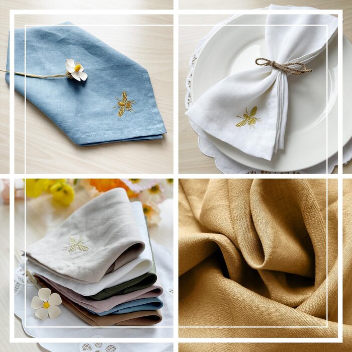 DerF HOME Cloth Napkins, 100% Pure Linen, Embroidered, 18 x 18 inches (45.7 x 45.7 cm), Moss Green, Handcrafted from Flax, Machine Washable, Soft and Durable, Set of 10