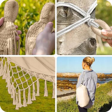 Гамак KRUMAD 260 см, до 250 кг, вологостійкий, бавовна-поліестер, для саду, балкону, кемпінгу, з дерев'яними розпірками та сумкою (Бежевий, 150x200 см)