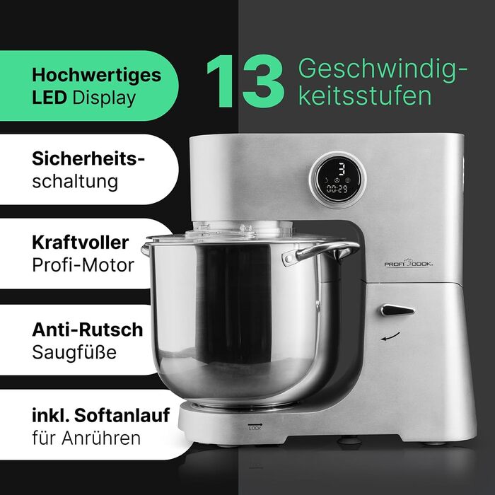 Кухонна машина ProfiCook KM 1254 з великою чашею 12л, потужний 2500W мотор, металеве редуктор та LED-дисплей | Харчовий процесор для тіста до 8,5 кг, 13 швидкостей