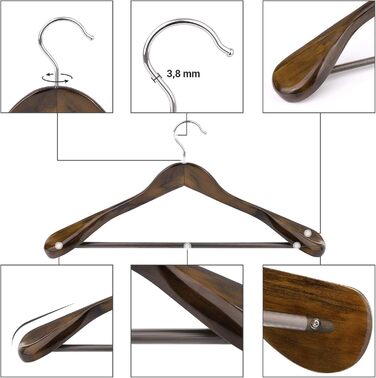 Набір вішалок для одягу SONGMICS, 6 шт., з масиву дерева, широкі плечі, антиковзні, для сорочок, пальто, курток, штанів, костюмів, поворотний гачок 360°, колір темний горіх CRSH06V
