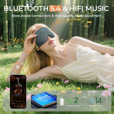 Сліп-маска з навушниками MUSICOZY з бамбука та бавовни, Bluetooth v5.4, 3D, для тих, хто спить на боці, з мікрофоном, сірий колір