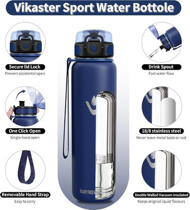 Термос-пляшка Vikaster 500 мл, нержавіюча сталь, без BPA, для спорту, подорожей та фітнесу (чорний & винно-червоний)