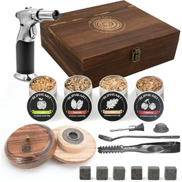 Набір для копчення коктейлів з факелом та 4 смаками дерев'яної стружки, Bourbon - Набір для копчення віскі, коктейлів Old Fashioned, подарунок для чоловіка, друга, чоловіка та тата (без бутану)