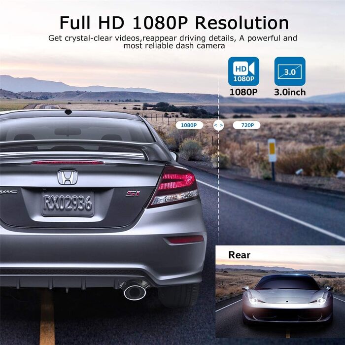 Відеореєстратор ORSKEY Dashcam Auto 1080P Full HD з двома об'єктивами для автомобіля, 170° кут огляду, циклічна запис, G-сенсор, LCD-екран