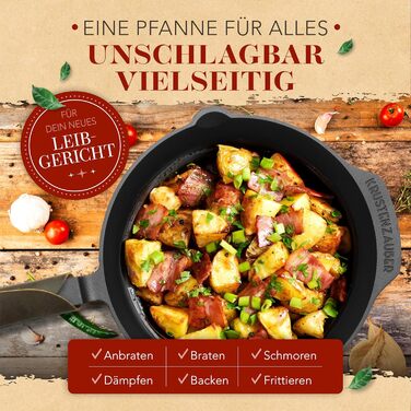 Чавунна сковорода Krustenzauber 28 см для індукції з інструкцією та кулінарною книгою - шліфована чавунна пательня