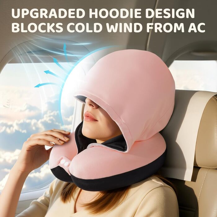 Подушка для шиї Mewaii для подорожей, двостороння подушка для дорослих, подушка для шиї з memory foam для літаків, подушка для шиї з котячою капюшоном, регульований ремінь (Рожева)