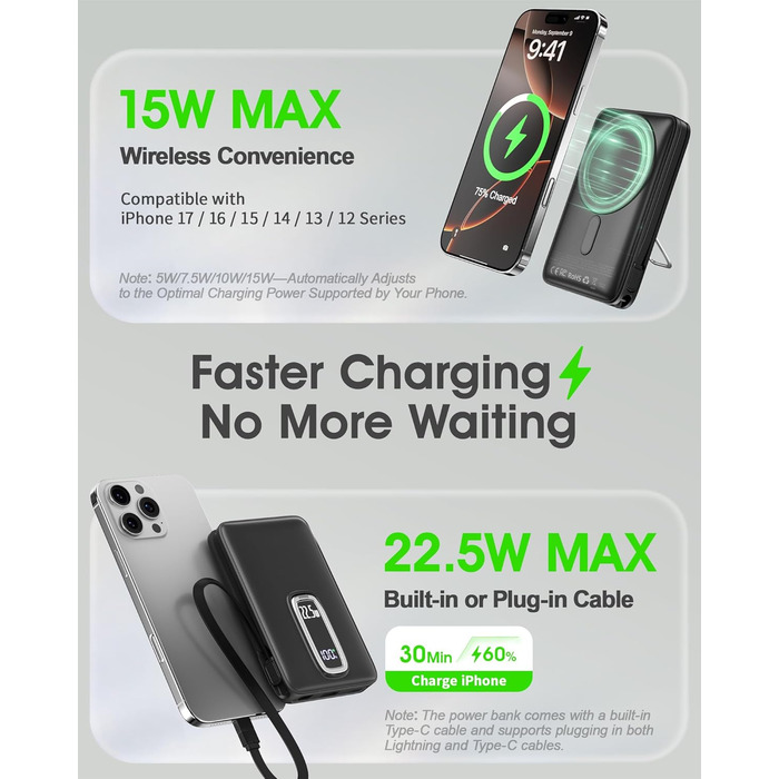 Power Bank MagSafe 10000mAh з USB-C кабелем, 22.5W, бездротова зарядка для iPhone 17/16/15/14/13/12 Max/Pro/Plus (Сірий)