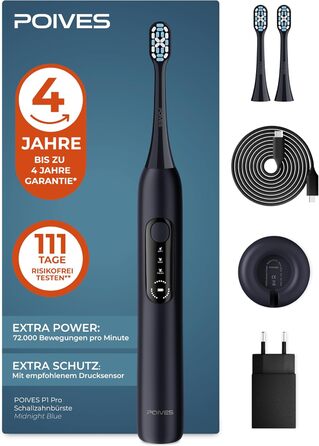 Електрична зубна щітка POIVES P1 Pro з датчиком тиску, 72 000 рухів, гарантія до 4 років, 111 днів без ризику, тривалий час роботи, колір: Midnight Blue