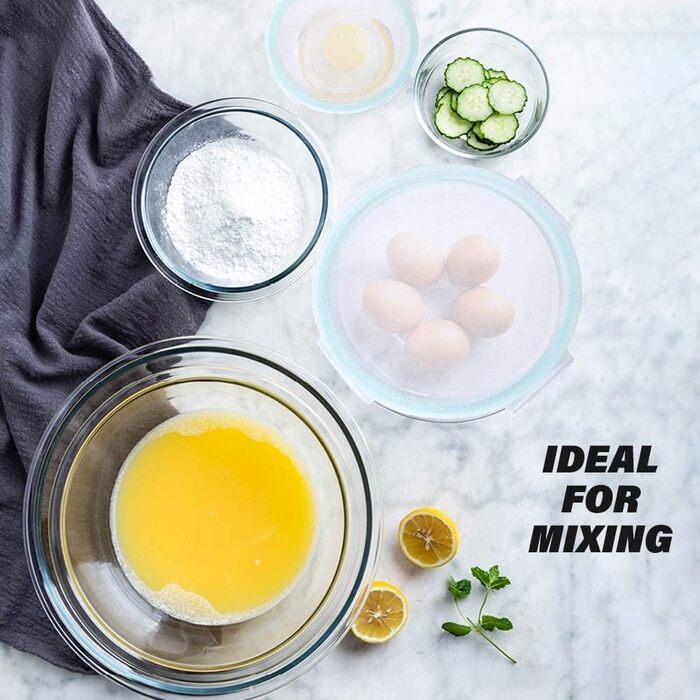 Luvan Glass Bowl Set with Lids, 5-Piece Glass Bowl Set (0.18L, 0.5L, 1.0L, 2.0L, 3.5L), Glass Salad Mixing Bowls Round, BPA-Free, for Cooking, Baking, Preparing, and Storage