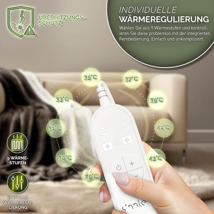 Електрична ковдра Sinnlein® з автовимкненням 200x180 см | 9 температурних режимів | Ковдра для ліжка та дивана | Таймер, цифровий дисплей, світло-коричнева