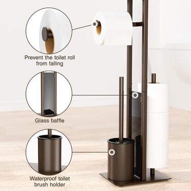 Stainless Steel Toilet Paper Holder with Brush - Freestanding Toilet Paper Roll Holder with Tray & Glass Shelf (Matte Brown)