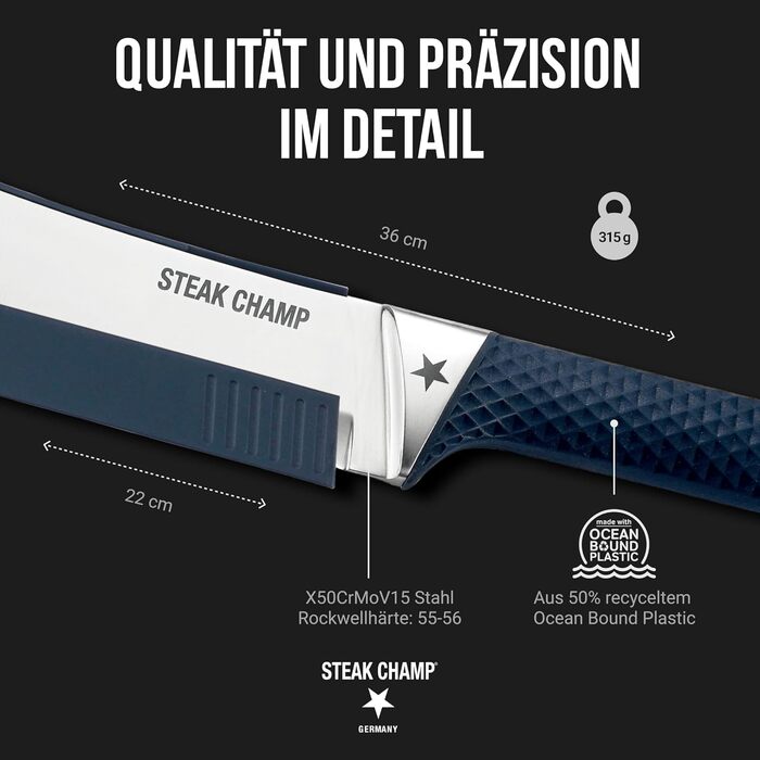 Кухонний ніж для стейків Steak Champ BBQ Pro 22 см, з гострим лезом із високоякісної сталі, ручне заточування, антиковзна ручка