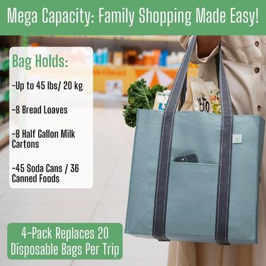 VENO 34 Liter Large Shopping Bag Foldable with Sturdy Bottom and Front Pocket, Reusable Shopping Bags Water-Resistant Tote Bag Shopping Basket for Shopping Picnic (Light Blue, 4-Pack)
