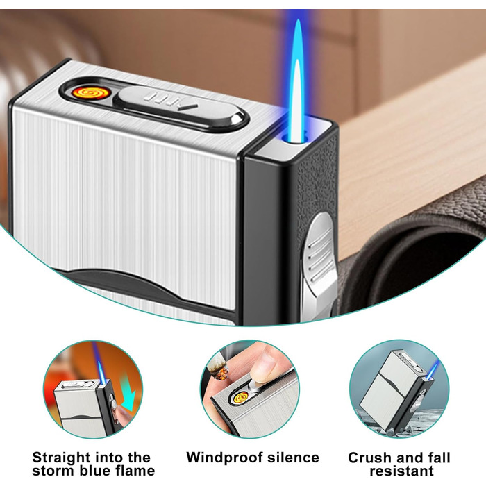 Алюмінієве екіпен для сигарет з запальничкою: водонепроникний кейс для 20 сигарет, USB зарядка (без газу), білий