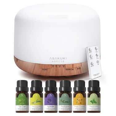 Дифузор аромату ASAKUKI 500 мл, ультразвуковий аромадифузор для ефірних олій, зволожувач повітря з пультом дистанційного керування, автоматичне вимкнення без води, 7 кольорів LED-підсвічування (з олією)