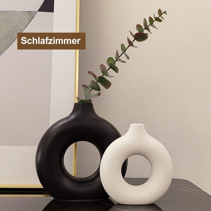 Набір ваз Sawoake Donut Ceramic Set 2 шт. для сучасного декору дому, круглі матові вази для пампасной трави, нейтральний бохо, скандинавський мінімалізм, чорний та білий колір