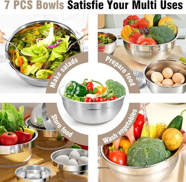 Набір місок для перемішування BEWOS 7 шт. з кришкою, нержавіюча сталь, набір місок з терткою, вкладна конструкція, колір хакі, протиковзкі дна, об'єм 0.5, 1, 1.4, 1.85, 2.35, 3.2, 4 л для змішування та подачі