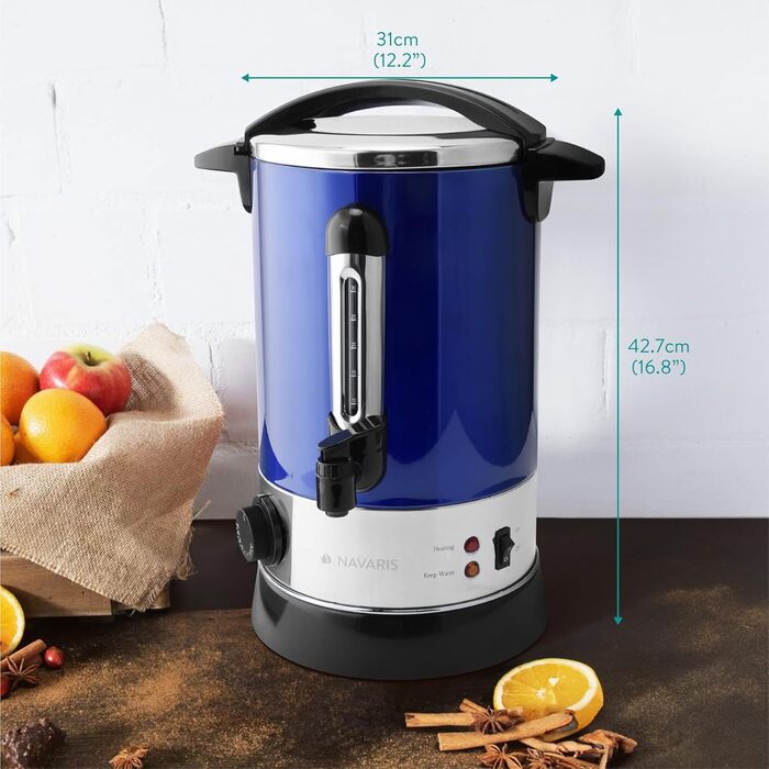 Navaris Mulled Wine Warmer/Hot Water Dispenser - Stainless Steel - with Thermostat, Level Indicator, and Tap - Mulled Wine/Hot Beverage Dispenser (6.8L, Blue)