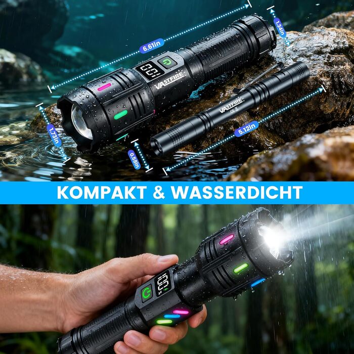 Ліхтар LED VASTFIRE 500000 люменів, тактичний, перезаряджається USB, водонепроникний, для кемпінгу, туризму, активного відпочинку, надпотужний, чорний