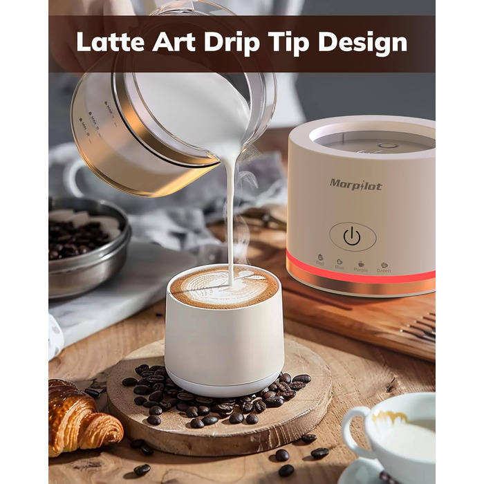 Morpilot Milk Frother Electric, 500ml 600W, 4-in-1 Milk Frother for Hot and Cold, Dishwasher Safe, Visual Glass, Latte Design, White