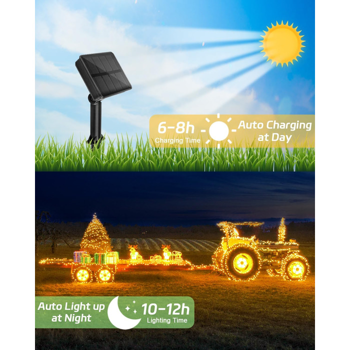 Сонячна гірлянда для зовнішнього використання, 120 LED, холодне біле світло, 8 режимів, для саду, двору, тераси, весільної декорації (5м, тепле біле світло)