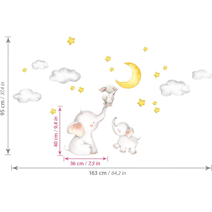 Little Deco Wall Sticker Baby Room Elephant and Rabbit with Moon and Stars I 163 x 95 cm (W x H) I Kids Pictures Decoration Children's Room Sticker Girl Sticker Boy Sticker DL463