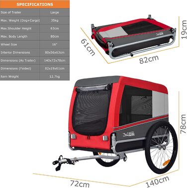 Причіп для собак Tiggo VS Pets L - великий, 270л, для собак до 35 кг, складаний, червоний