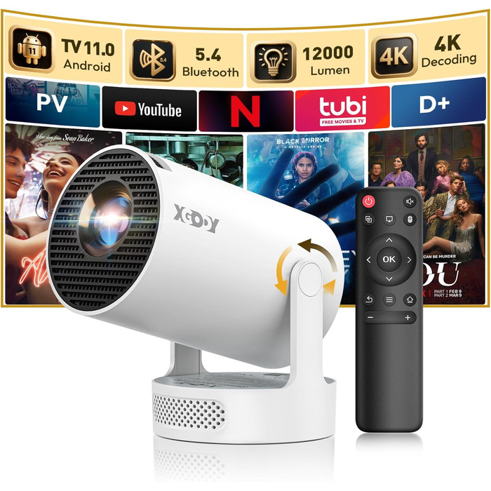 Портативний проєктор Xgody Gimbal 3: 12000 Люмен, Android 11.0, WiFi 6, Bluetooth, 720P HD (підтримка 4K)