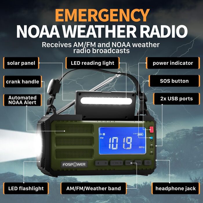 Радіоприймач FosPower NOAA/AM/FM з Power Bank 19240mAh (5200mAh) - Сонячна/USB зарядка, ручний генератор, SOS-сигнал, ліхтарик, помаранчевий (D8)