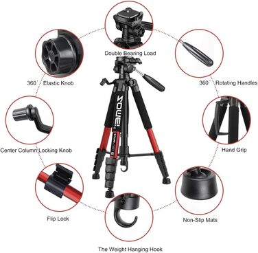 Легкий штатив для камери DSLR та смартфона 188 см, портативний тринога для відеозйомки, влоггінгу та стрімів з сумкою для перенесення, червоний
