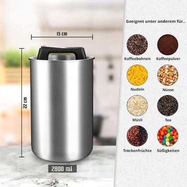Контейнер для кави KC Kitchen & Co. на 1 кг з нержавіючої сталі, герметичний, з вакуумним клапаном, 2800 мл, сріблястий