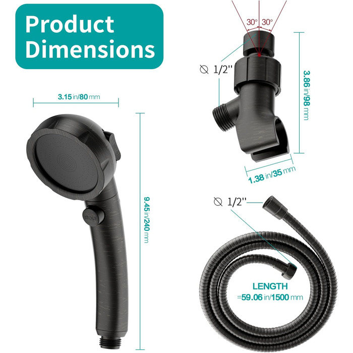 MIAOHUI Modern Handheld Showerhead with On/Off Switch, High-Pressure Showerhead with Handheld, 3 Spray Settings, Detachable Showerhead with Hose, Adjustable Angle Shower Holder (Brushed Nickel) (Oil Rubbed Bronze)